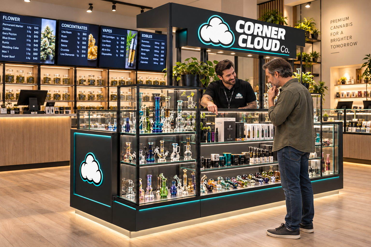 An adult customer and retail staff member discussing the Corner Cloud glassware display