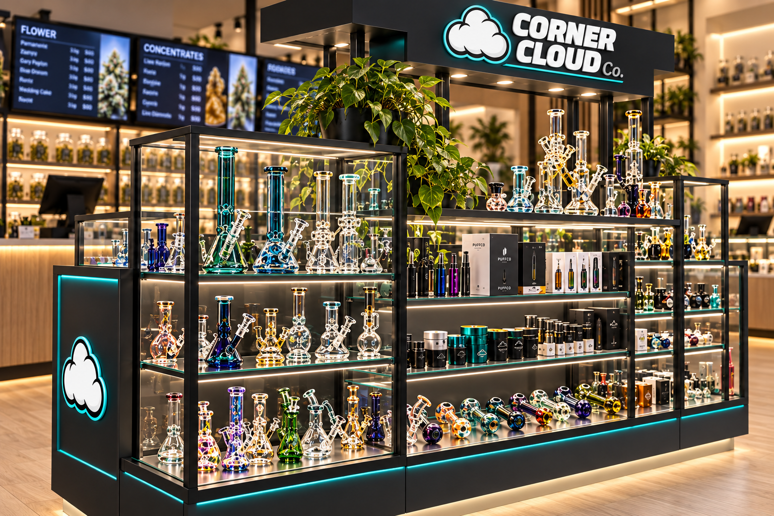 Corner Cloud concept glassware cabinet inside a dispensary